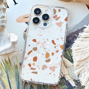 Rose Terracotta Terrazzo Minimal Phone Case For iPhone 16 15 14 13 12 XR 7 8 SE Samsung Galaxy S25 Clear Case With Mosaic Design MagSafe