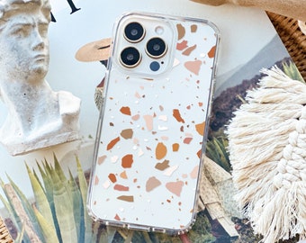 Rose Terracotta Terrazzo Minimal Phone Case For iPhone 17 Air 16e 15 14 13 7 8 SE Galaxy S26 S25 Clear Case With Mosaic Design MagSafe
