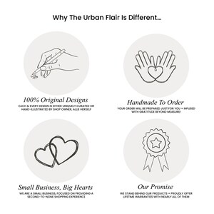 May include: Four illustrations highlighting the unique aspects of a small business. The first illustration shows a hand drawing a design. The second illustration shows two hands forming a heart. The third illustration shows two hearts intertwined. The fourth illustration shows a star with a ribbon. The text reads "100% Original Designs", "Handmade To Order", "Small Business, Big Hearts", and "Our Promise".