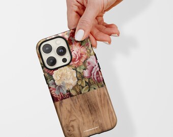 Vintage Florals Wood Print MagSafe Phone Case For iPhone 17 16 15 14 13 Galaxy S26