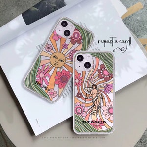 Aesthetic Retro Tarot Card Clear iPhone Case - Sun World Lovers or Custom Personalizable Request - Witchy Gift Idea iPhone 16 15 14 13