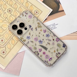 Purple Wild Pressed Flower Print Phone Case For iPhone 16 15 14 13 12 Mini XR 7 8 SE Galaxy S25 Clear Phone Cover With Floral Design