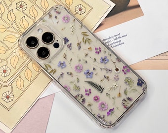 Purple Wild Pressed Flower Print Phone Case For iPhone 17 Air 16e 15 14 13 Mini 7 8 SE Galaxy S26 S25 Clear Phone Cover With Floral Design
