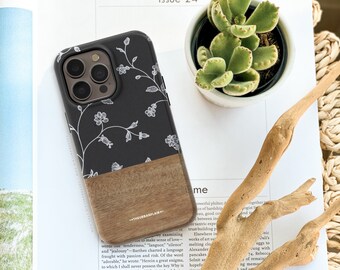 Cute Minimal Floral Wood Print Phone Case For iPhone 15 14 13 Mini 12 Pro Max 7 8 SE 2022 S24 Pixel 8 7 Pro Cover With Aesthetic Design