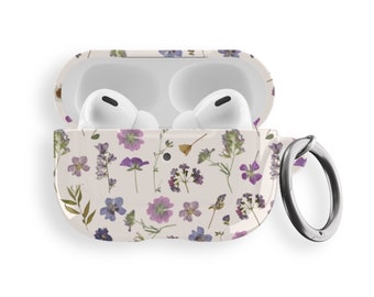 Purple Wild Pressed Flower Print Hard Case For Airpods | Hard Cover For Original & Airpods Pro | Circle Keychain Ring Carabiner- On Sale!