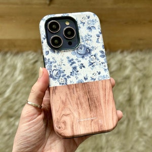 Navy Vintage Roses Wood Print MagSafe Phone Case For iPhone 15 14 13 12 Series (Mini, Plus, Pro Max) Aesthetic Cover With Built In Magnet