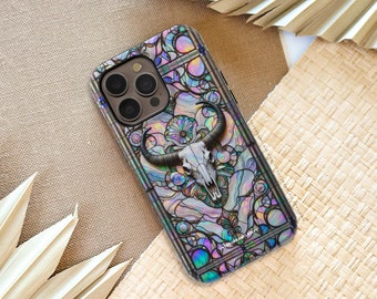 Cowskull Stained Glass Illusion Print Tough Phone Case For iPhone 15 14 13 12 11 X XS X 7 8 SE 2022 Protective Cover For Galaxy S24