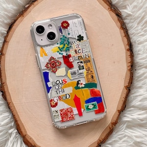 Abstract Scraps Collage Phone Case For iPhone 16 15 14 13 Pro Max 12 Mini XR 7 8 SE S24 Clear Cover With Aesthetic Mood Board Design