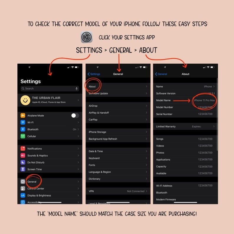 Pu&ograve; includere: Uno screenshot del menu delle impostazioni di un iPhone che mostra come trovare il nome del modello del telefono. Lo schermo mostra la sezione "Informazioni" del menu delle impostazioni, con il nome del modello evidenziato in un riquadro rosso. Il nome del modello &egrave; "iPhone 11 Pro Max".
