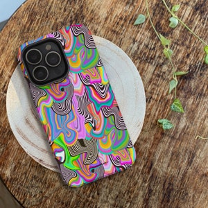 Colorful Trippy Protective Phone Case For Apple iPhone 16 15 14, Samsung Galaxy S25, Google Pixel 9 Tough Mobile Cover With Aesthetic Design