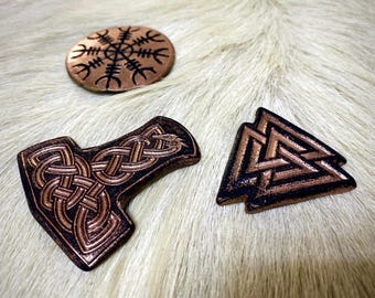 Set of 3 Handcrafted Ceramic Refrigerator Magnets. Thors Hammer, Valknut, Aegishjalmur