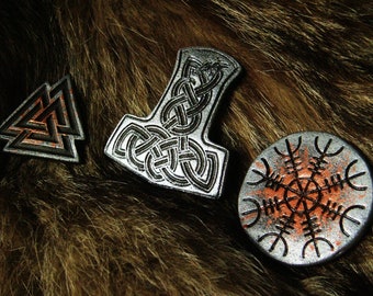 Set of 3 viking fridge magnets. Thors Hammer, Valknut, Aegishjalmur