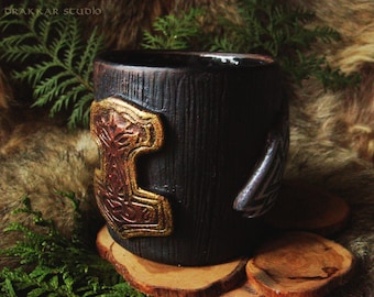 Handcrafted cup with Thor's Hammer and Valknut