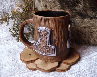 Viking Clay Mug with Thor's Hammer