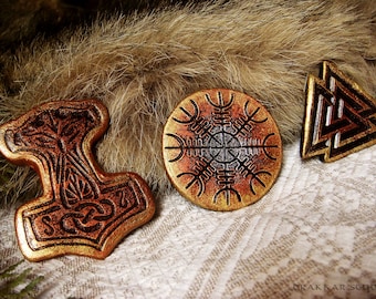 Set of 3 handcrafted magnets. Thors Hammer, Valknut, Aegishjalmur