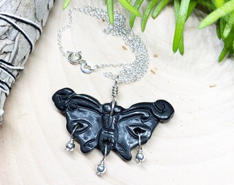 Serpentine, Butterfly, Sterling Silver, Necklace, Black, Pendant, Healing Stone, Unique