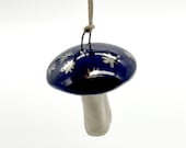 Mushroom Ornament, Blue, Gold, Handmade, Ceramic, Glazed, Pottery, One of a kind, Unique