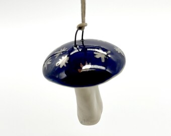 Mushroom Ornament, Blue, Gold, Handmade, Ceramic, Glazed, Pottery, One of a kind, Unique
