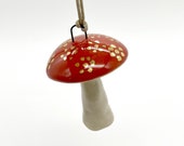 Mushroom Ornament, Red, Gold, Handmade, Ceramic, Glazed, Pottery, One of a kind, Unique