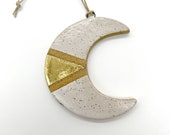 Moon Ornament, Speckled, White, Gold, Handmade, Ceramic, Glazed, Pottery, One of a kind, Unique