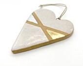 Heart Ornament, Speckled, White, Gold, Silver, Handmade, Ceramic, Glazed, Pottery, One of a kind, Unique