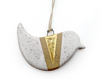 Handmade Bird Ornament, Speckled, White, 22k Gold, Ceramic, Glazed, Pottery, One of a kind, Unique