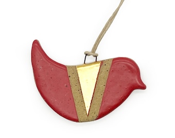 Handmade Bird Ornament, Speckled, Red, 22k Gold, , Ceramic, Glazed, Pottery, One of a kind, Unique