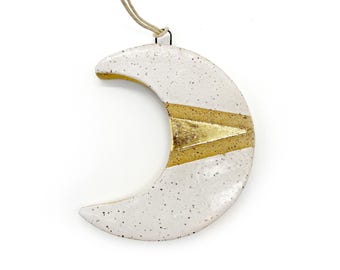 Handmade Moon Ornament, Speckled, White, 22k Gold, Ceramic, Glazed, Pottery, One of a kind, Unique