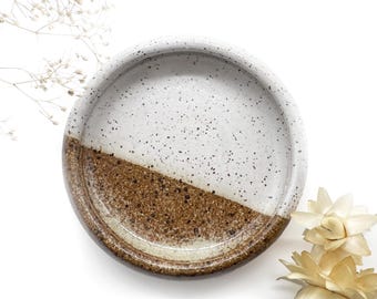 Handmade Trinket Dish, White, Brown, Speckled, Round, Ceramic, Glazed, Pottery, Unique