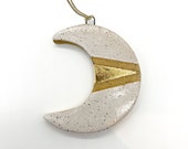 Moon Ornament, Speckled, White, Gold, Handmade, Ceramic, Glazed, Pottery, One of a kind, Unique