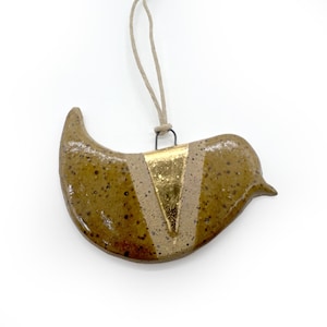 Handmade Bird Ornament, Speckled, Brown, 22k Gold, , Ceramic, Glazed, Pottery, One of a kind, Unique