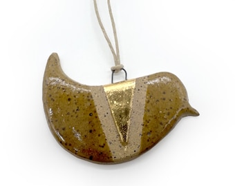 Handmade Bird Ornament, Speckled, Brown, 22k Gold, , Ceramic, Glazed, Pottery, One of a kind, Unique