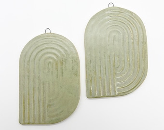 Handmade Sage Green Ceramic Wall Hangings, Glazed Pottery Pair
