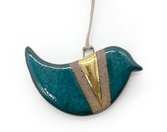 Handmade Bird Ornament, Speckled, Blue, 22k Gold, , Ceramic, Glazed, Pottery, One of a kind, Unique