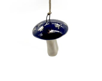 Handmade Mushroom Ornament, Blue, 22k White Gold, Ceramic, Glazed, Pottery, One of a kind, Unique