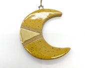 Moon Ornament, Speckled, Yellow, Gold, Handmade, Ceramic, Glazed, Pottery, One of a kind, Unique