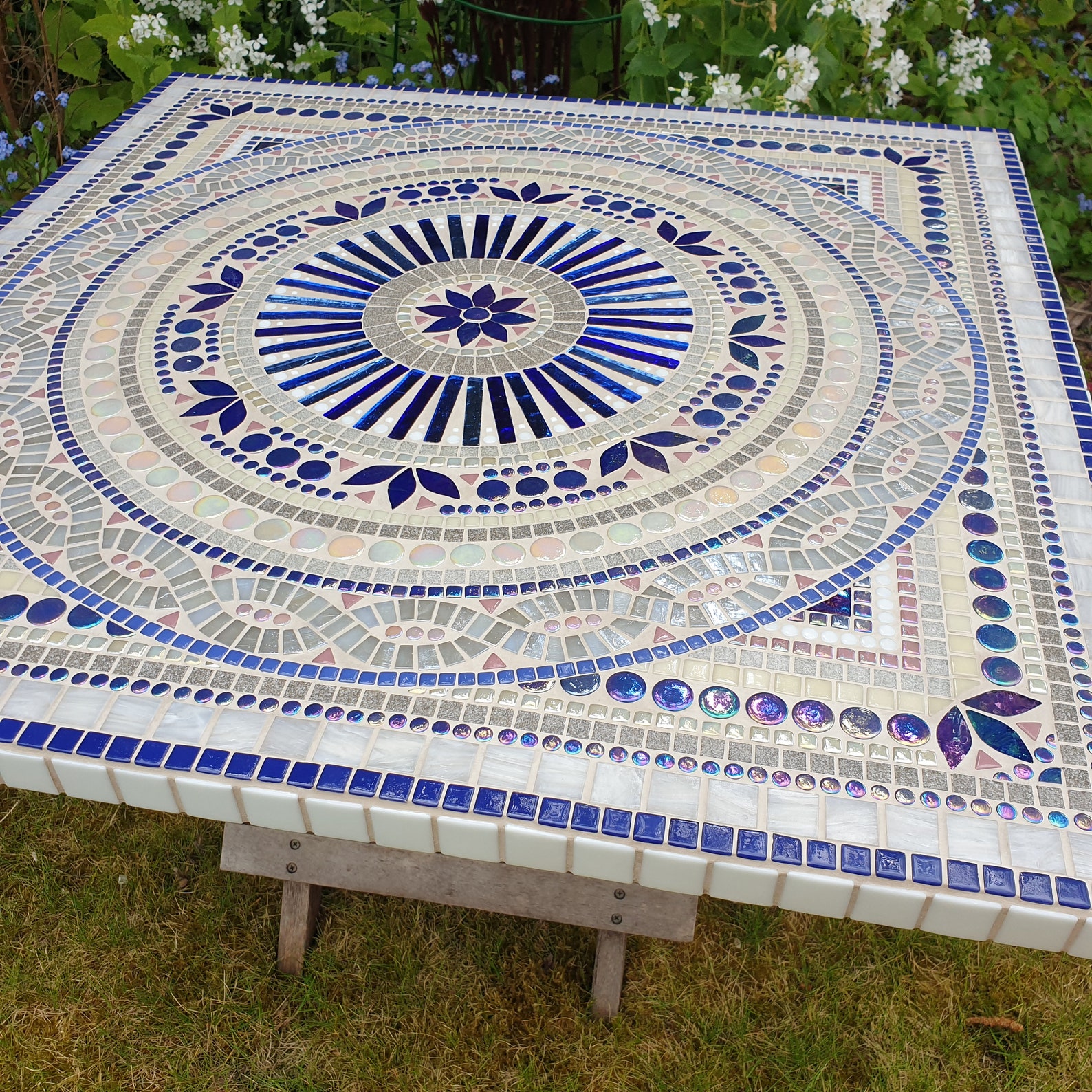 Mosaic Table Square Mosaic Table Cream and Blue Flower Etsy UK