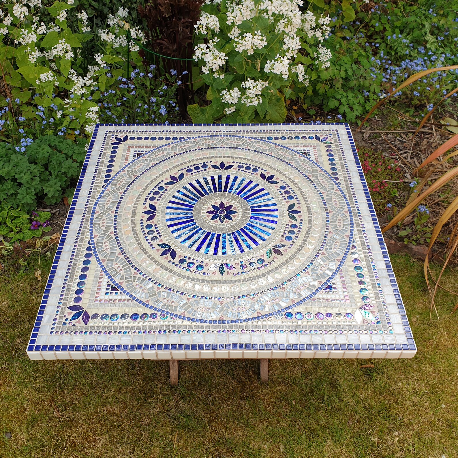 Mosaic Table Square Mosaic Table Cream and Blue Flower Etsy UK