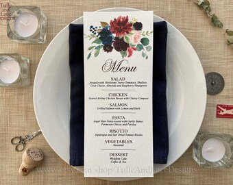 PRINTED Menu Cards | Burgundy and Navy | Wedding or Rehearsal Dinners | Fall/Autumn and Winter Weddings