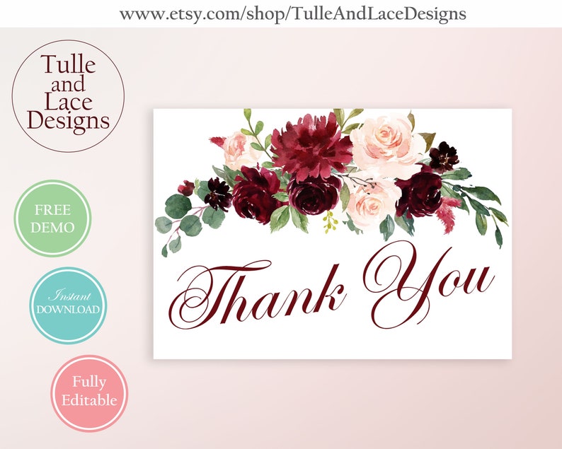 Editable with Instant Download Burgundy and Blush Digital Thank You Card Template 3.5 x 5
