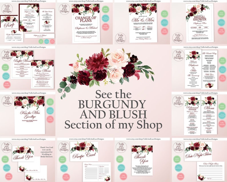 Editable with Instant Download Burgundy and Blush Digital Thank You Card Template 3.5 x 5