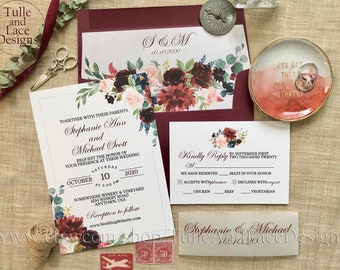 PRINTED Burgundy & Navy 7 piece Suite w/Details Card | Wedding Invitation Set | Fall and Winter Weddings