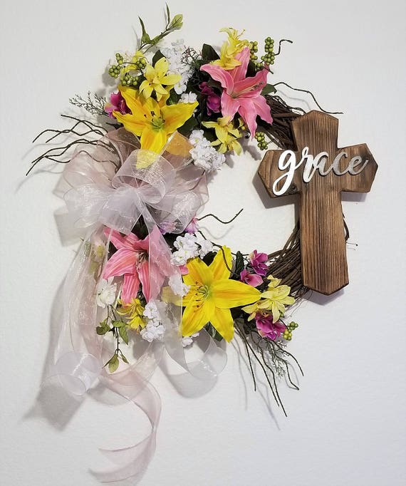 Wooden Cross Easter Wreath For Front Door Wreaths With Crosses Outdoors Lilies Yellow And Pink