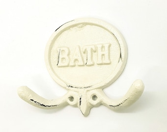 Vintage Rustic Classic Cast Iron White Bath Towel Hook / Hanger