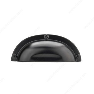 May include: Black metal cabinet pull with a curved, half-round shape. The pull has two visible screws.