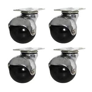 May include: Set of four chrome swivel casters with black rubber wheels. Each caster has a square mounting plate.
