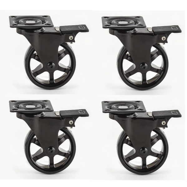 Black Spoked Rustic Coffee Table / Cabinet Caster swivel Wheel With Break Set of 4