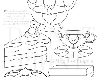 Tea set stained glass pattern, Pattern bundle, Stained glass cake, Tea Party Foods, diy, digital pdf, Tea cakes and sandwiches