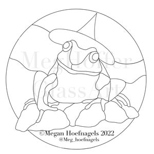 Op de afbeelding: Een zwart-witte lijntekening van een kikker met een heksenhoed. De kikker zit op een rots met een ronde achtergrond.
