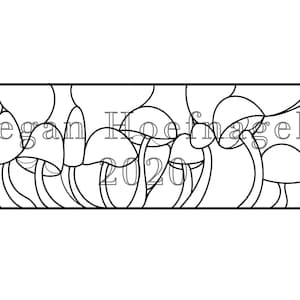 May include: Black and white line art illustration of mushrooms with the text "Megan Hoefnagels 2020" in the centre.